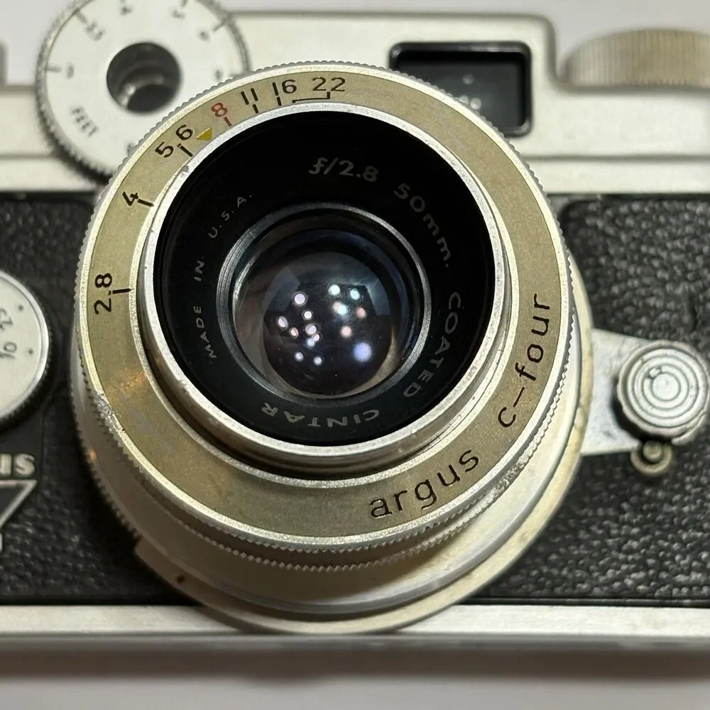 Vintage Argus C-Four 35mm Camera With 50mm f/2.8 Cintar Lens And Leather Case